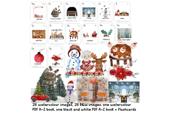 Christmas a-z Watercolour Clipart B w Illustrations