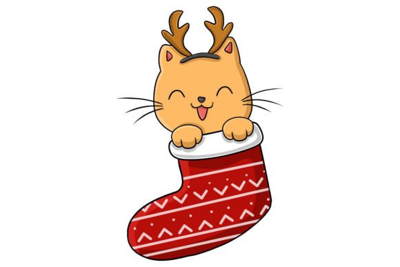 Christmas Cute Cat Hiding in Socks Illustrations