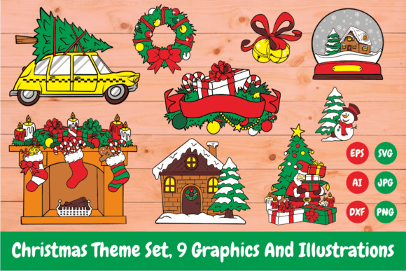 Christmas Theme Set, 9 Illustrations for Branding
