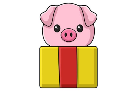 Cute Christmas Pig Character in a Gift Illustration