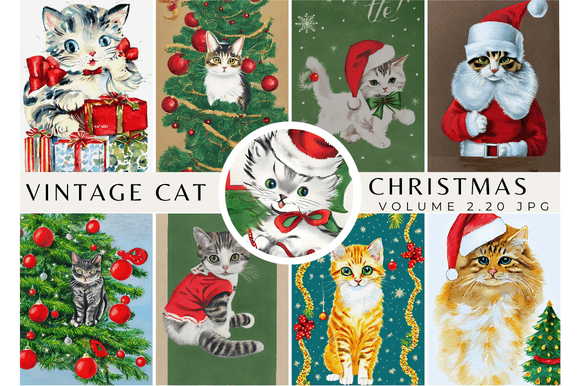 Vintage Cat Kitten Christmas Card Illustration