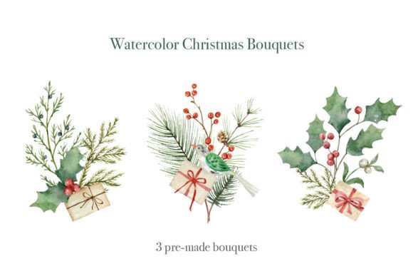 Watercolor Christmas Bouquets Clipart for Illustrations