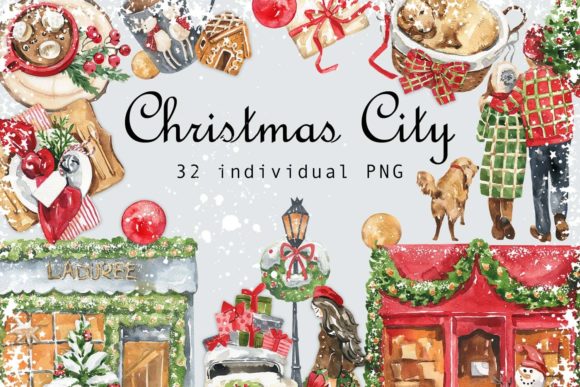 Watercolor Christmas City Clipart for Illustrations
