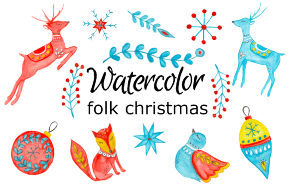 Watercolor Clipart Folk Christmas Illustrations